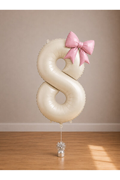 Balonsan -8- Age Beige Number Powder Pink Bow Foil Balloon Set