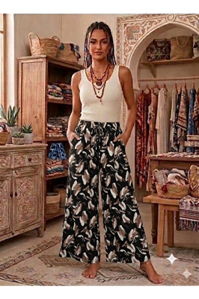 AYASOFYA OTANTIK Women's Multi-Colored Wide-Legged 100% Viscose Trousers with...