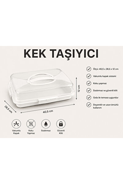 Vakum Kapaklı Kek Taşıma ve Saklama Kabı 40,5x28,5x12 cm | Sızdırmaz Kilitli