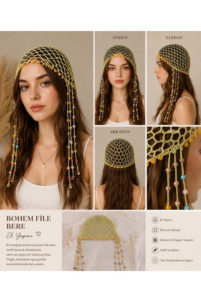 Ekinoksen Bohem pullu ve boncuklu ışıl ışıl bere,şapka ,bandana