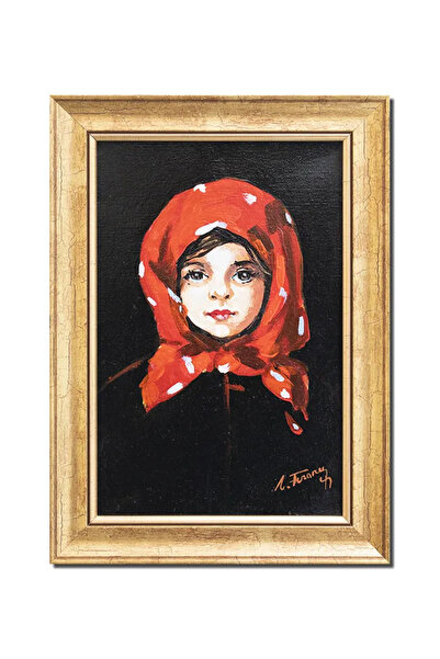 artnova Рамкирана ръчно рисувана картина, Малко момиченце с червена кърпа за ...