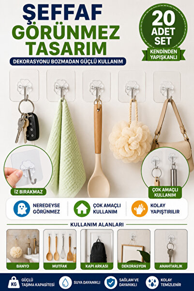 Hane Dostu 20 Adet Kendinden Yapışkanlı Şeffaf Askı Güçlü Duvar Kancası Mutfa...