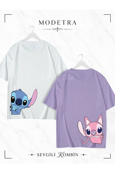 Modetra تيشيرت ملون كبير الحجم للنساء والرجال من Lilo Angel Stitch مطبوع على ...