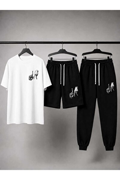 Gutsy T-Shirt Sweatpants Shorts 3-Piece Combination Thin Summer Finger Printe...