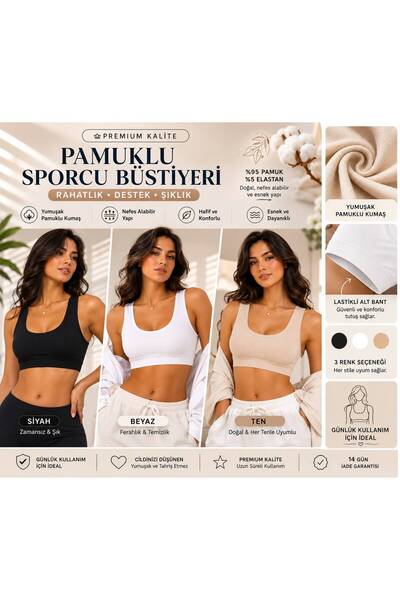 twenty ipek 3-Piece Women's Sports Bra with Cotton Thick Straps and Elastic B...