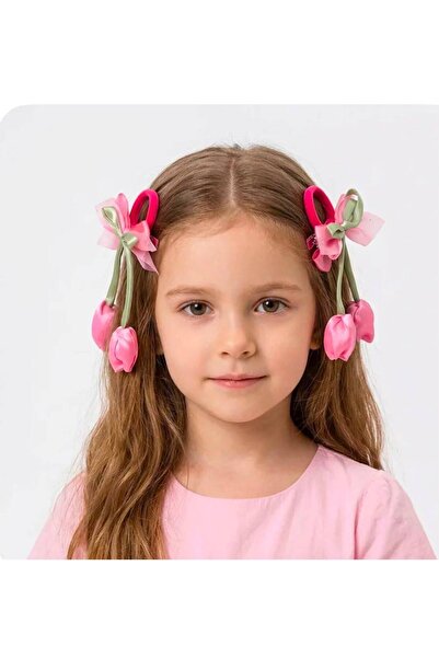 Mervişim Aksesuar Powder Pink 2-Piece Girls' Tie-Up Buckle with Tulip Figure