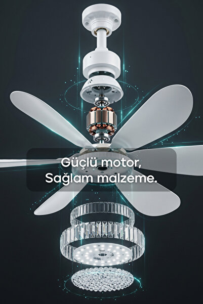 Feny F82 Tavan Vantilatörü Kristal LED Aydınlatmalı Kumandalı Sessiz 6 Kanatlı 3 Kademe Hız Tavan Fanı