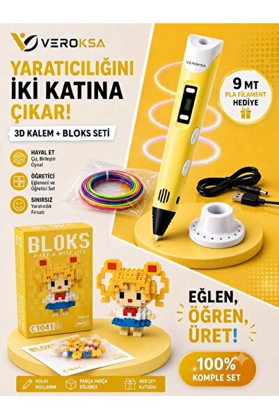 VEROKSA SARI 3D Kalem + 204 Parça Bloks Seti – Hayal Et, Çiz, İnşa Et!