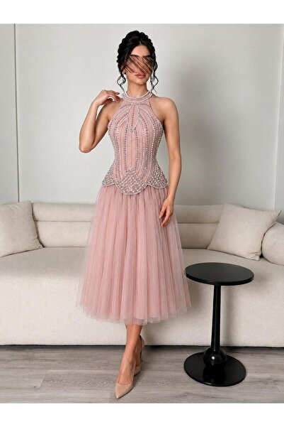 led style Midi Tulle Evening Dress with Halter Neckline and Pearl Embellishments
