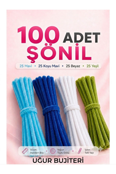 uğur bujiteri Mavi Renkli Şönil Seti 100 Adet – Açıkmavi, beyaz, Koyumavi ve ...
