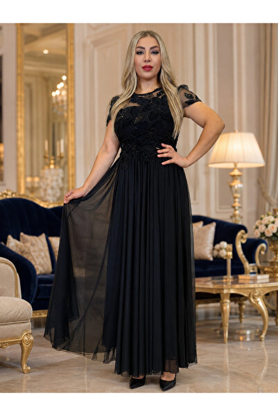 Yeşilmoda Women's Black Maxi Evening Dress with Stone Beading Embroidery, Tul...