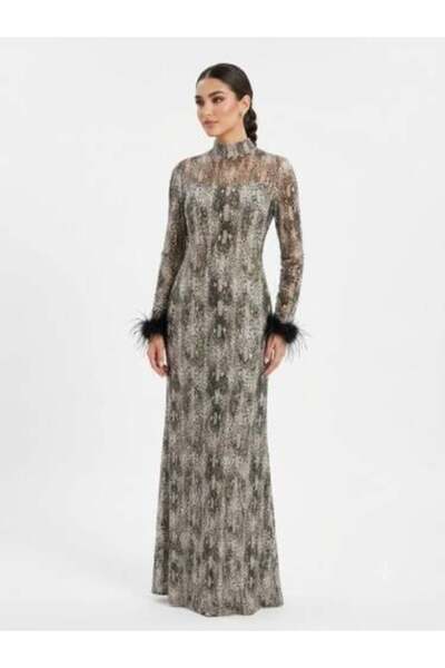unbranded Women's Taupe Snake Print Maxi Evening Dress with High Neck, Long S...