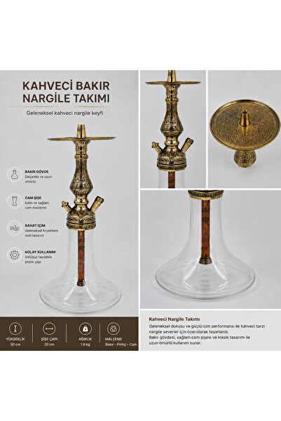 Han Tobacco Kahveci Bakır Nargile Takımı 42 cm | El İşlemeli Pirinç Gövde | Cam Şişeli | Geleneksel Model