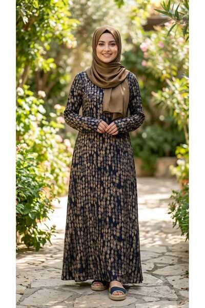 Asel Women's Plus Size Patterned Woven Viscose Fabric Long Hijab Dress