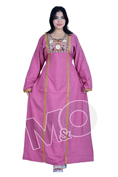 M&O 2 Linen Jalabiya with Lace Trim and a Gold-Colored Ribbon on Both Sides o...