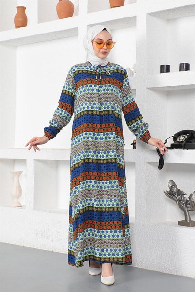 METKAR Lace-Up Collar Viscose Dress Cobalt Blue