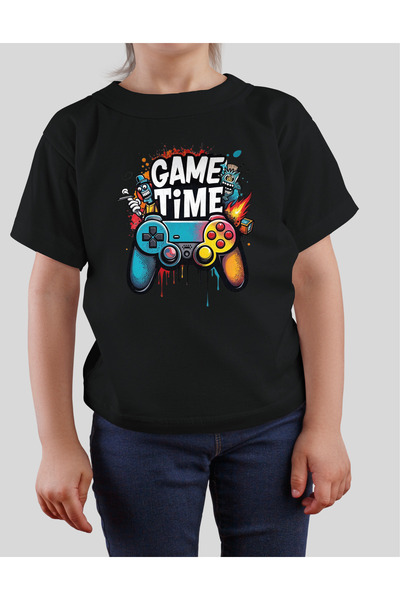 TİMİSİVA Children's Printed Crew Neck Short Sleeve Black T-Shirt