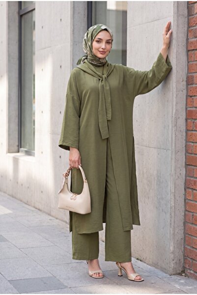 Modamorfo Deep Slit Linen Suit with Scarf Detail and Pockets -Khaki