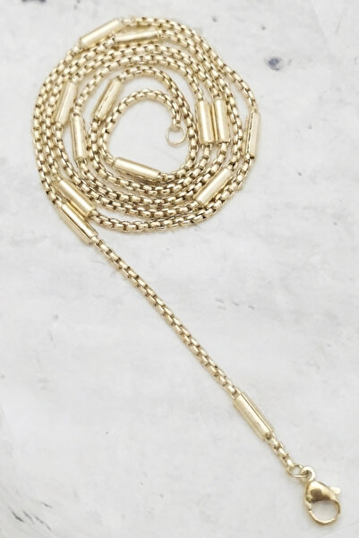 Rua Jewelry Steel Linea Cylinder Detailed Cube Chain Necklace 2 mm Gold Color...