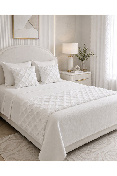 desenizmir Bohemian White Double Bed Runner and Pillowcase Set
