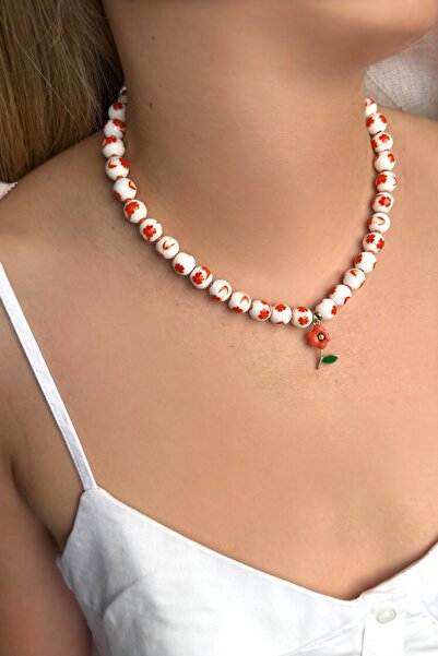 bemoreatelier Flower Candy Turuncu Porselen Taşlı ve Çiçek Uçlu Kolye