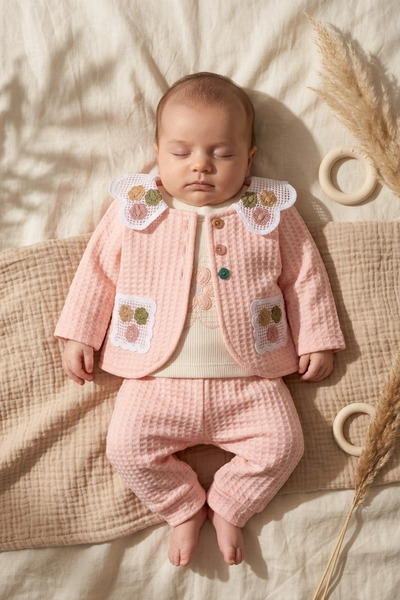 DYZSTAR Baby Girl 3-Piece Set - Lace Collared Waffle Knit Cardigan, Cotton Bo...