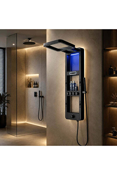RFAN Panou de duș negru mat premium cu LED albastru și afișaj digital, din oț...
