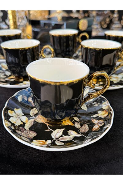 LOKMAN ZÜCCACİYE SHOWROOM 6 Persons Black Color Daisy Pattern Plated Porcelai...