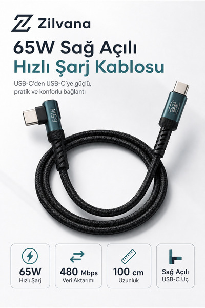 Zilvana 65W USB-C to USB-C Sağ Açılı Hızlı Şarj ve Data Kablosu – 100 cm Siya...