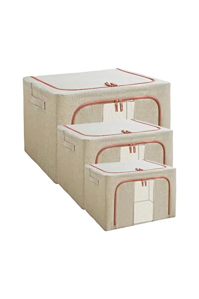 YBOSHOP Set 3 organizatoare pliabile pentru haine, bej, 24/66/100 L, cu fermo...