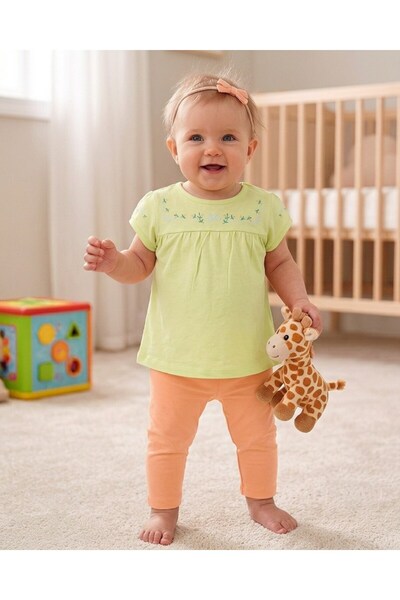 VOY KİDS Baby Girl Floral Printed Green Blouse with Orange Capri Leggings 3-6...