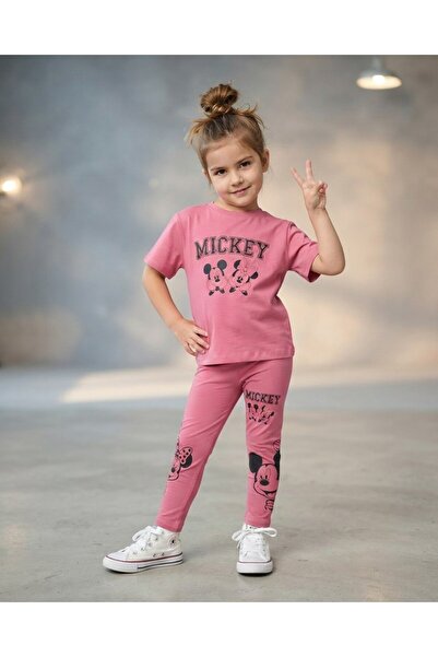 VOY KİDS Girl's Summer Mickey Printed 2-Piece Thin Set with Tights and T-Shir...