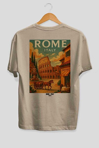 Ankhises Ρώμη Ιταλία 2 Μπεζ Oversize Country City Back Printed Unisex T-Shirt...