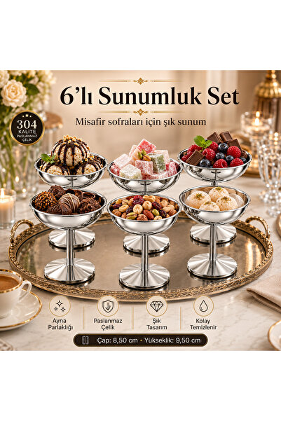 Turkco Silver Stainless Steel Footed Ice Cream Bowl Sweet Delight and Fruit P...