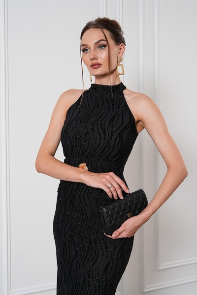 MILANOFOX Women's Wave Patterned Glittery Halter Neck Buckle Detailed Tulle F...