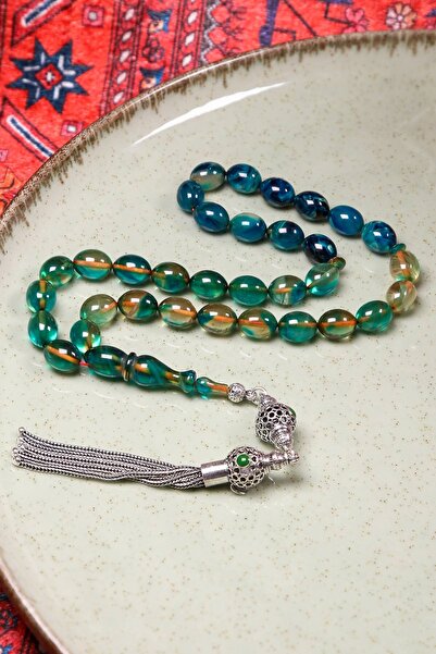 TESBİHKENTİ Ebruli Color Silver Tasseled Amber Prayer Beads