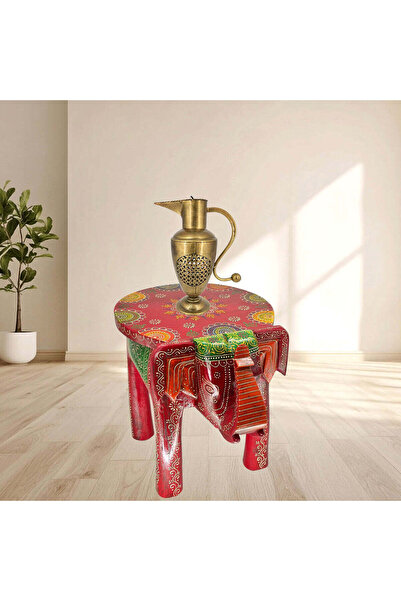 Al Athar Arts Wooden Traditional Elephant Table With Hand Painted Red (W:15''...