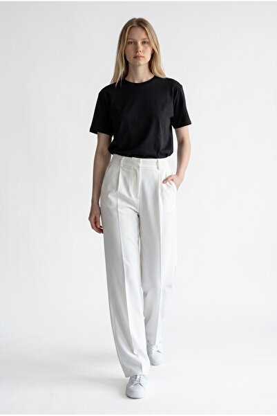Fast Perry White Women's High Waist Pleated Wide Leg Woven Fabric Trousers
