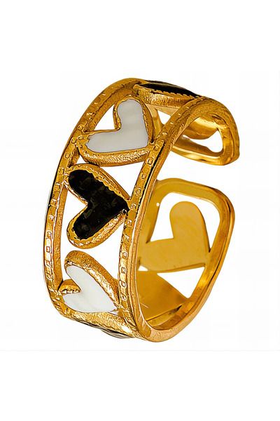 OEM Inel Black & White Heart, din oțel inoxidabil, placat cu aur 18K