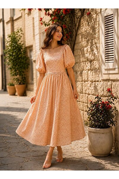 KÜÇÜĞÜM BUTİK Rochie de damă cu guler pătrat și croială evazată Salmon Daisy
