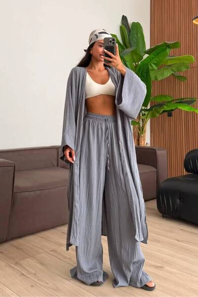 Bak'ap Premium Gofre Keten Uzun Kimono Bol Paça Pantolon 2'li Tesettür Takım