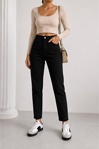 SAPAKTEKS Silvery Black Women's Lycra Mom Jean High Waist Stretchy Denim Pant...