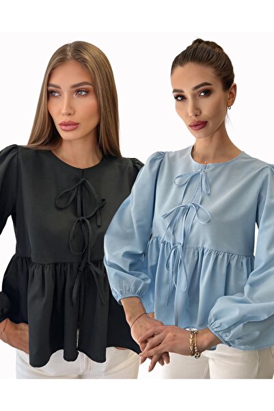 ossons Set of 2 Cotton Poplin Oversized Shirts with Bow Detail (Black - Ice B...