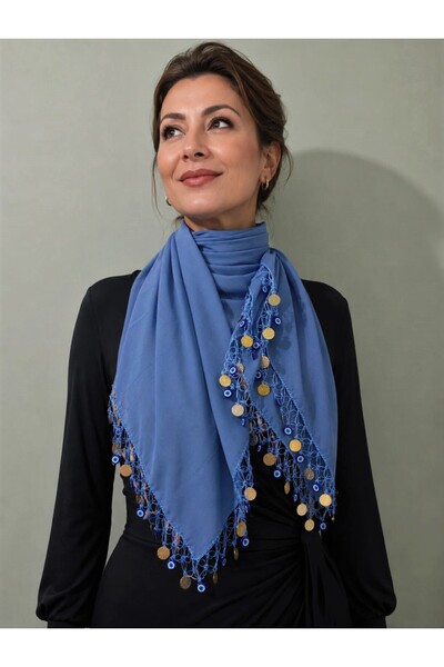 Blue Trend El İşi Tığ Oyalı Yazma Nazar Boncuklu Para Pullu Yazma 100*100