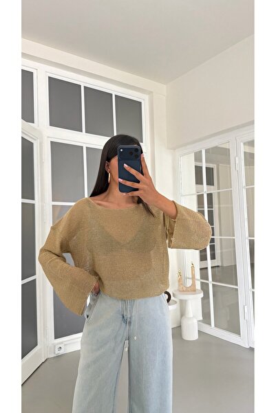 GAUS CO Altın Simli Parlak Crop Bluz GAUS-01764 GAUS-01744