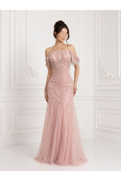 ranin Pink Evening Dress with Kloshe Tulle and Beaded Embroidery