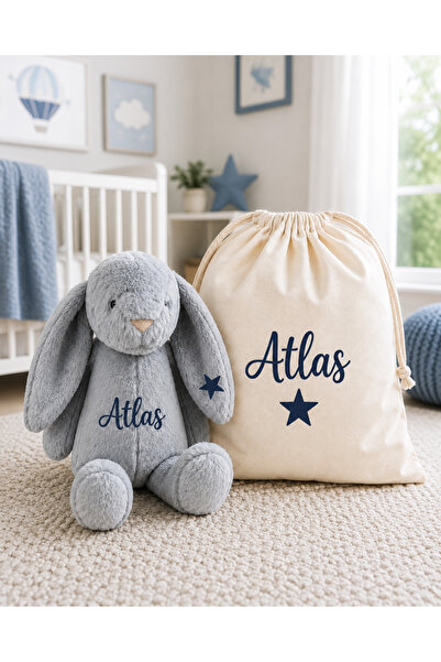 Emsera Atelier Kişiye Özel İsimli Peluş Tavşan Uyku Arkadaşı 35 cm Kese Hediy...