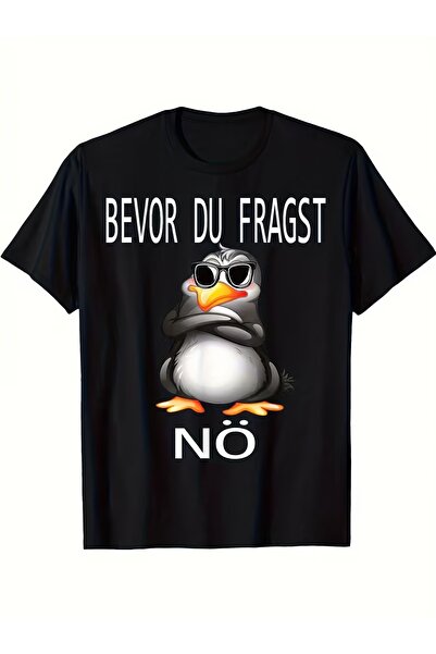 En22 Funny German "BEVOR DU FRAGST NO" T-Shirt with Penguin Print & Glasses D...