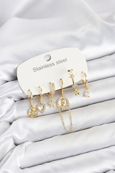 OGHAMAY 316L Steel Gold Color Zircon Stone Chain Detailed Women's Earring Set