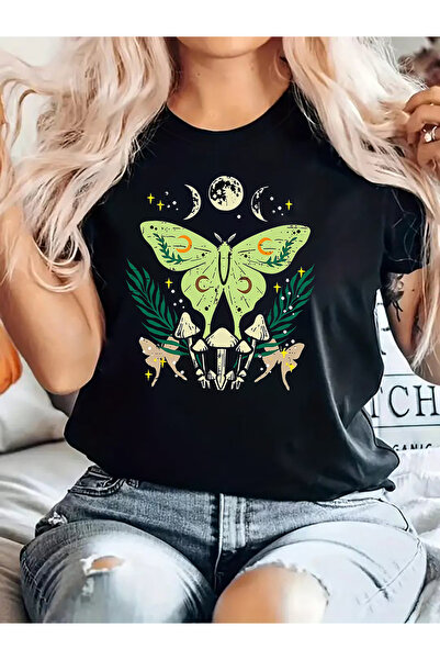 En22 Moon Phase, Moth, Mushroom Graphic Print T-shirt, Short Sleeve Crew Neck...